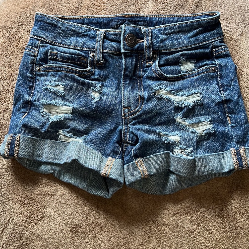 Aeropostale low rise midi distressed jeans denim shorts size 000 dark blue